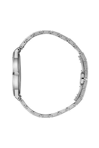 Silver metal watch case back with round link bracelet, dial not visible
