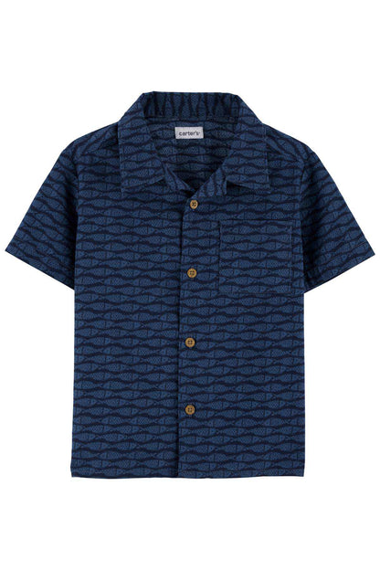 CARTER'S navy short-sleeve button-up shirt with all-over fish pattern