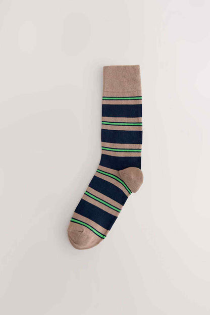 Beige and navy striped crew sock with green and light-blue horizontal bands