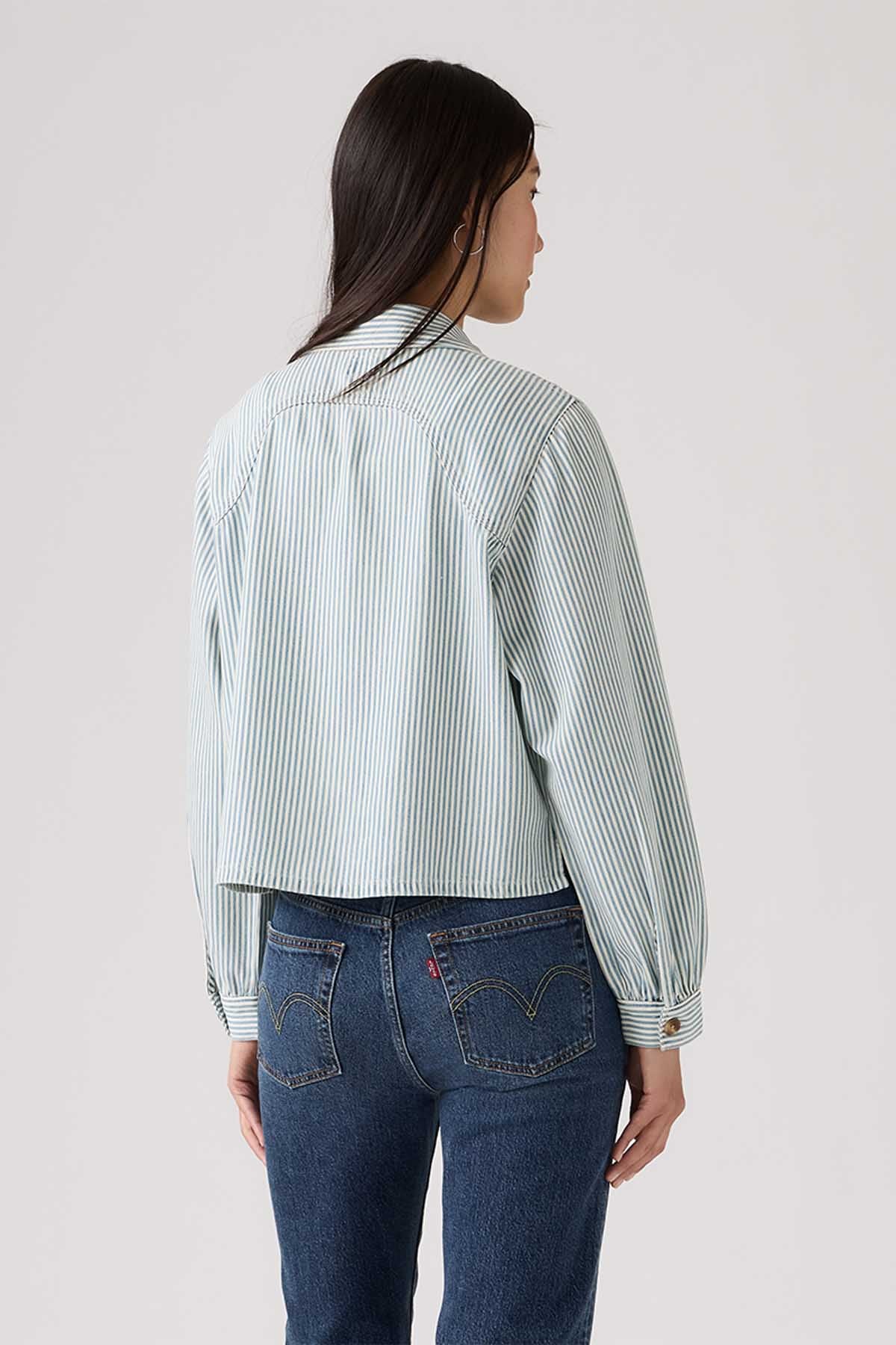 Striped button-front cropped jacket, back view, long sleeves