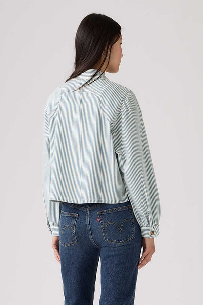 Striped button-front cropped jacket, back view, long sleeves