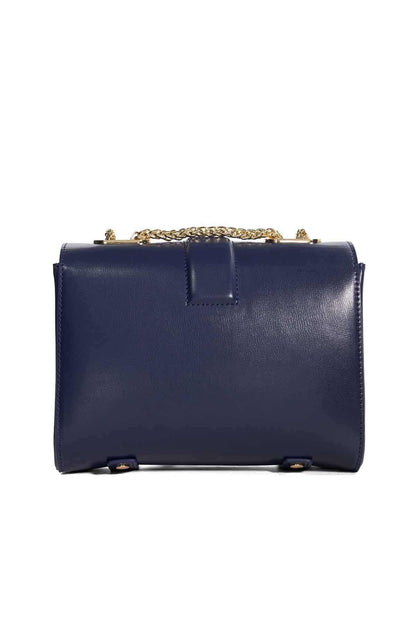 Dune London navy flap crossbody bag with gold chain and front tab clasp