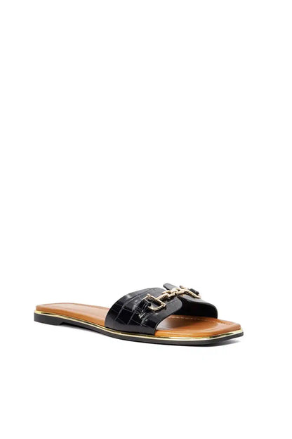 Dune London black thong-style slide sandals with gold buckles, open toe
