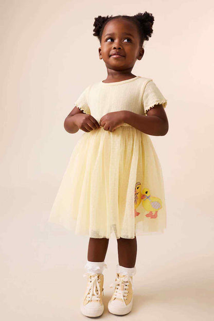 Girls' pale yellow short-sleeve dress with bunny and chick applique