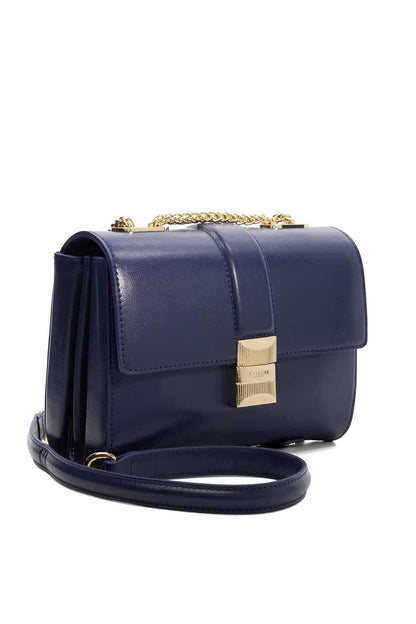 Dune London navy flap shoulder bag with gold chain strap and gold lock clasp