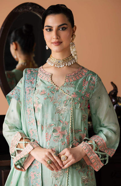 Mint teal floral embroidered V-neck dress top with flared cuffs and decorative edging