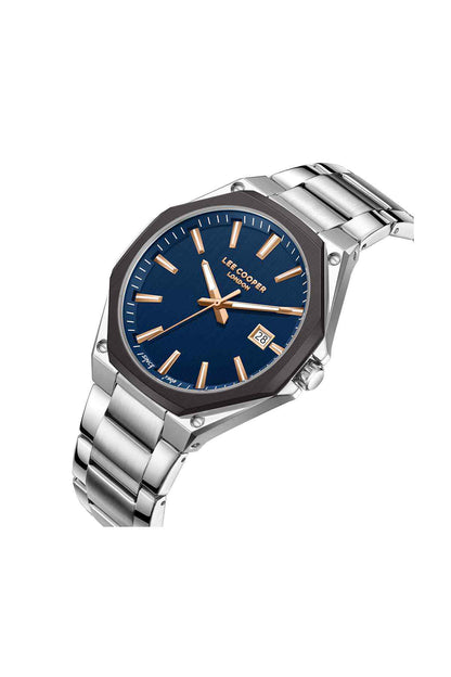 Lee Cooper silver wristwatch angled view, dark blue dial with orange baton markers