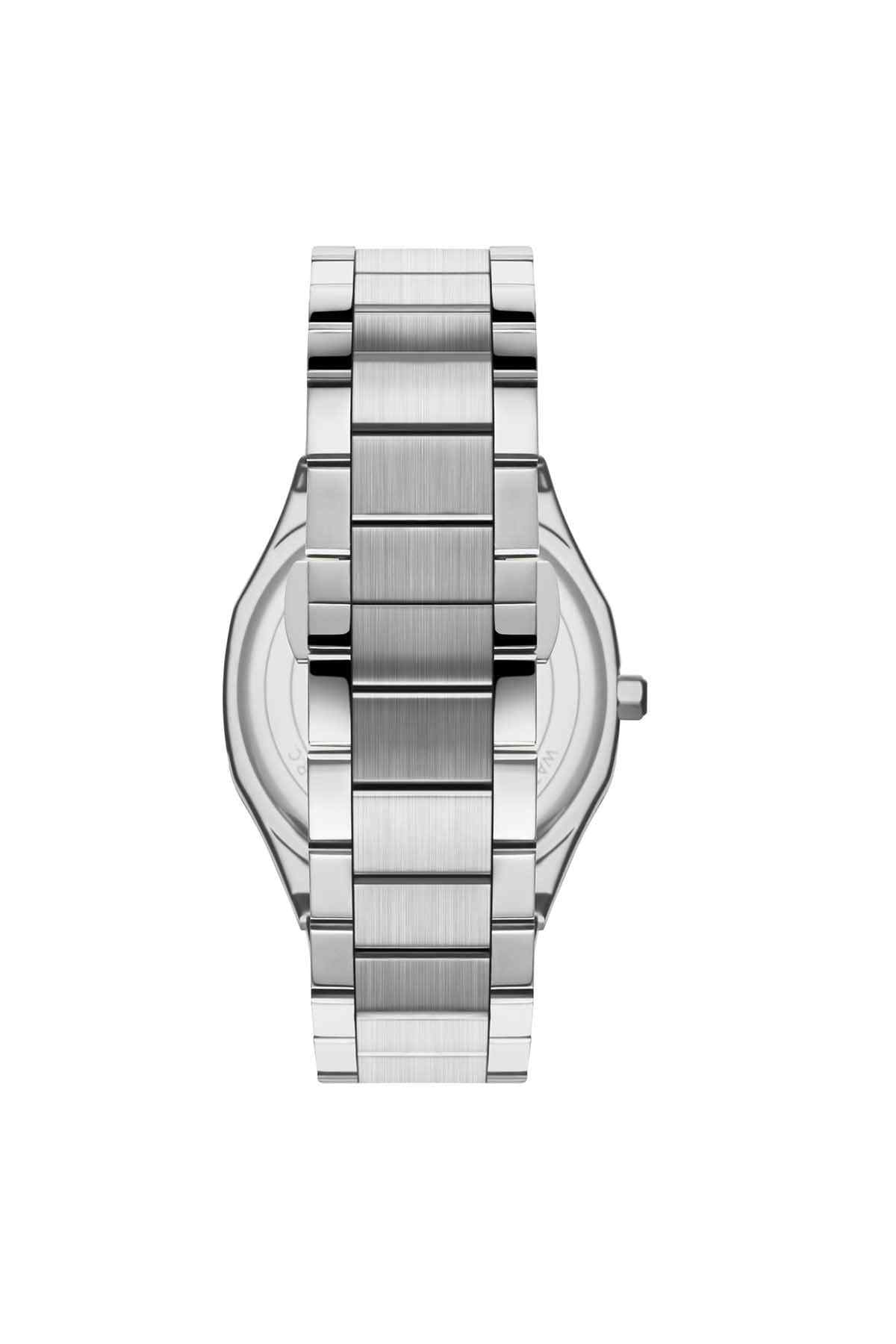 Wristwatch front view, silver metal bracelet and round case with crown