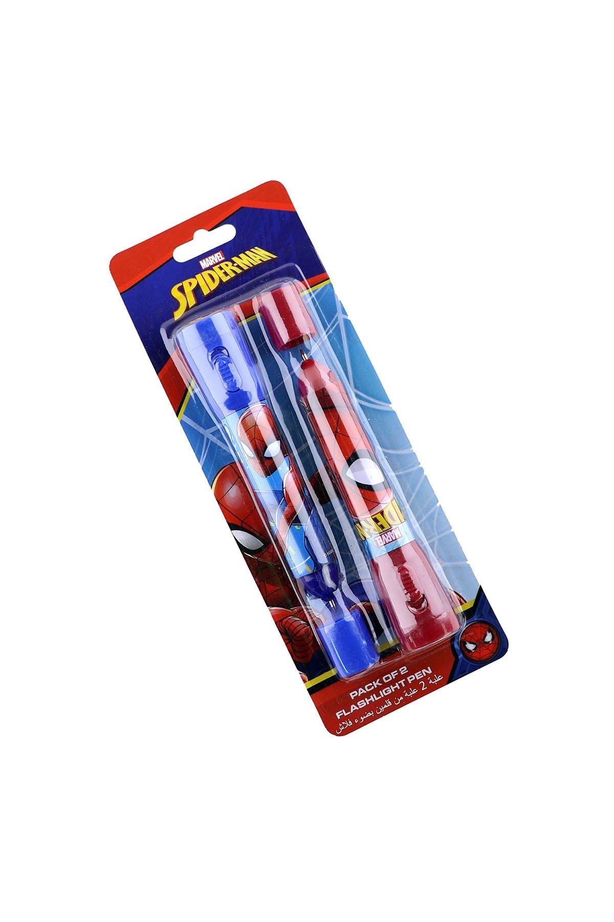 Spider-Man themed marker set retail box with two blue and red pens inside