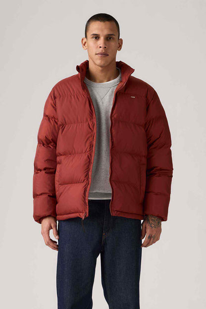 Red padded puffer jacket with zip front and stand collar