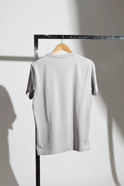 Grey short-sleeve T-shirt back view on hanger