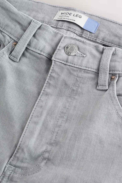 Light grey denim jeans detail with coin pocket and 'WIDE LEG' label