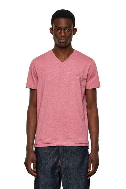 Diesel pink V-neck T-shirt with short sleeves and straight hem