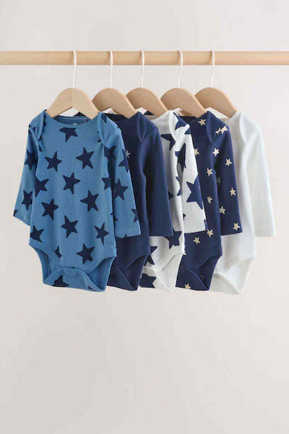 Baby long-sleeve bodysuits with star print in navy and blue colors