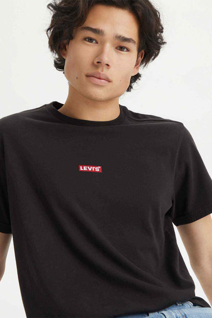 Levi's black crewneck T-shirt, red Levi's logo on center chest