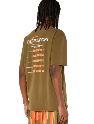 Olive T-shirt back with "DIESELSport" text and BPM list print