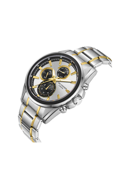Angled two-tone metal wristwatch with black dial, gold markers, three subdials