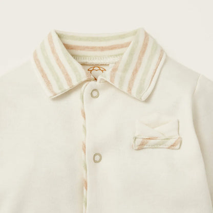 BABYSHOP baby romper close-up: striped collar, snap placket, chest pocket detail