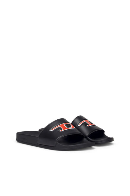 Black Diesel slide sandals front view with red-and-gray logo on crossover straps