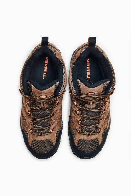 Merrell hiking shoes pair top view in brown with dark lining and lace details