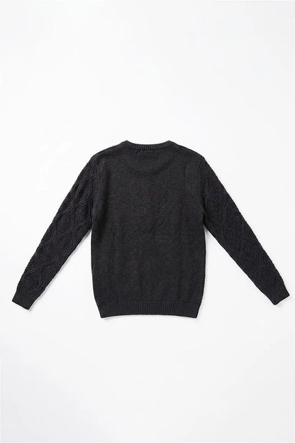 Black knit crewneck sweater, long sleeves, back view, flat lay