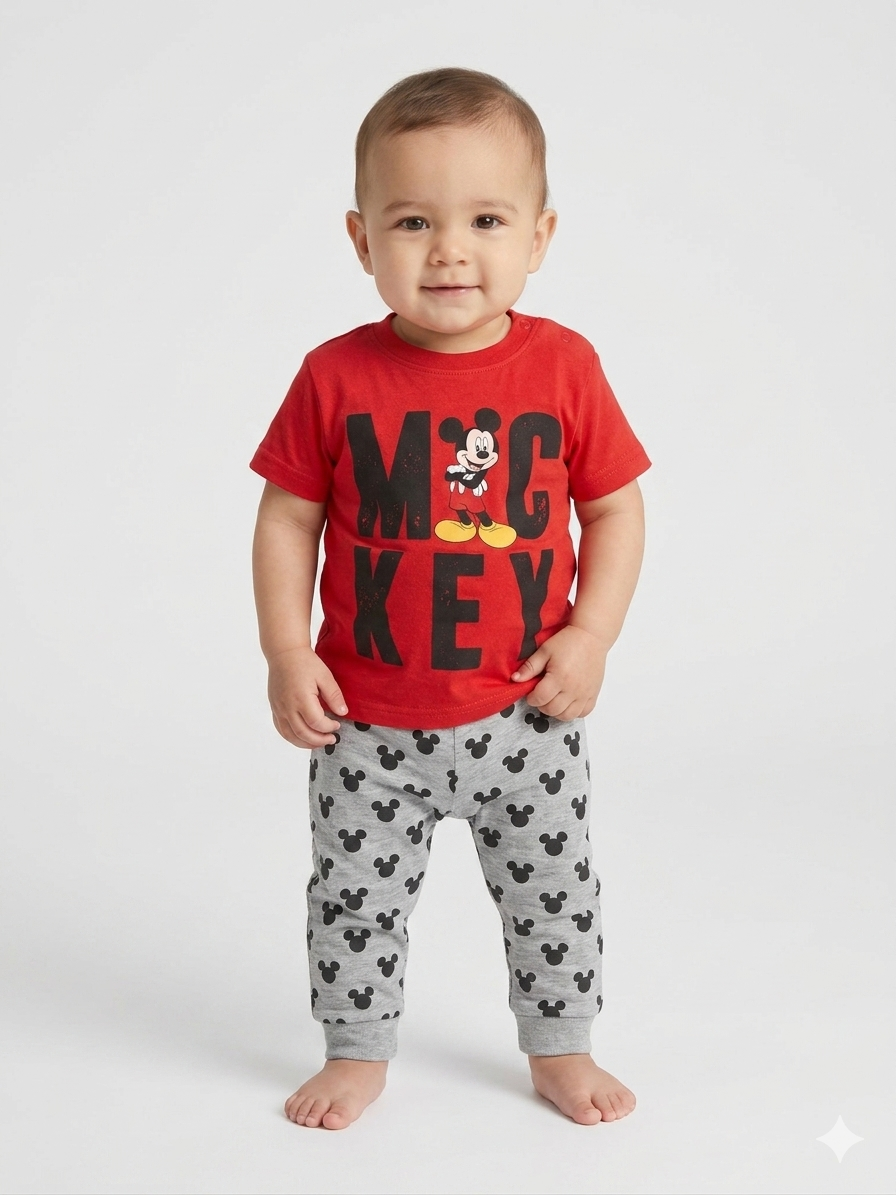 Red baby T-shirt and grey Mickey patterned sweatpants, full front view
