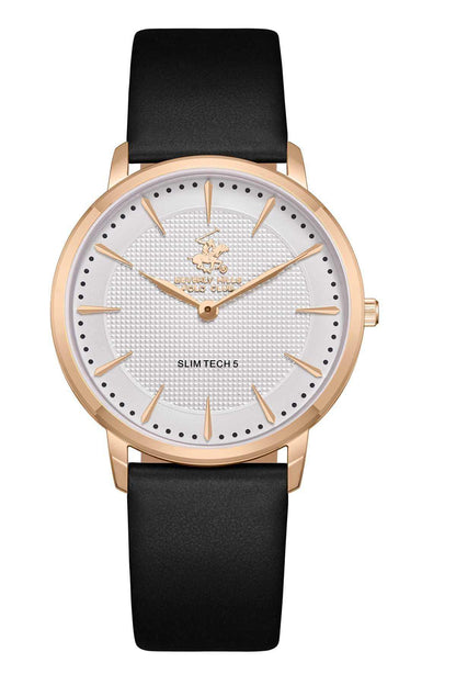 BHPC analog wristwatch with black leather strap, rose-gold case, white dial and gold hands