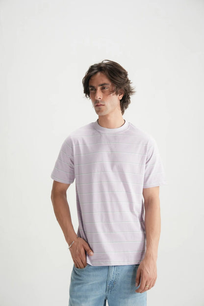 Men's lavender crewneck T-shirt with thin horizontal stripe detail, short sleeves