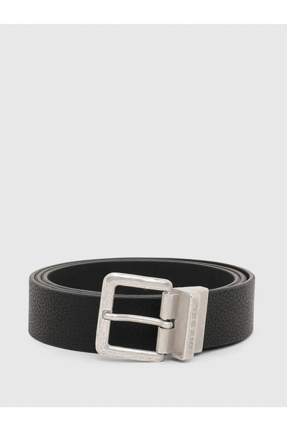 Black leather-look belt with square silver buckle and stitched edge