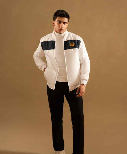 Men's white zip-up bomber jacket with black stripe panels and logo patch, front view