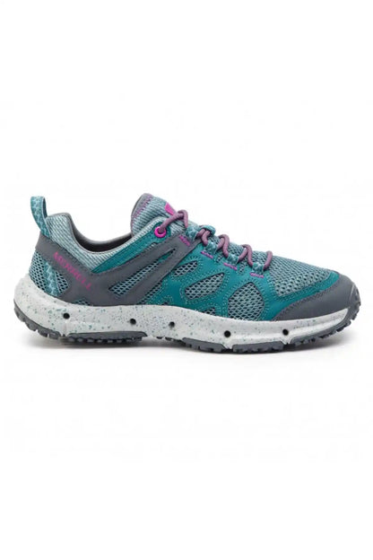 Teal trail shoe with purple laces and gray accents, speckled midsole