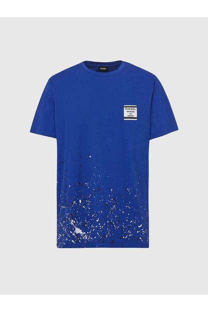 Blue Diesel T-shirt with white paint splatter and chest logo patch