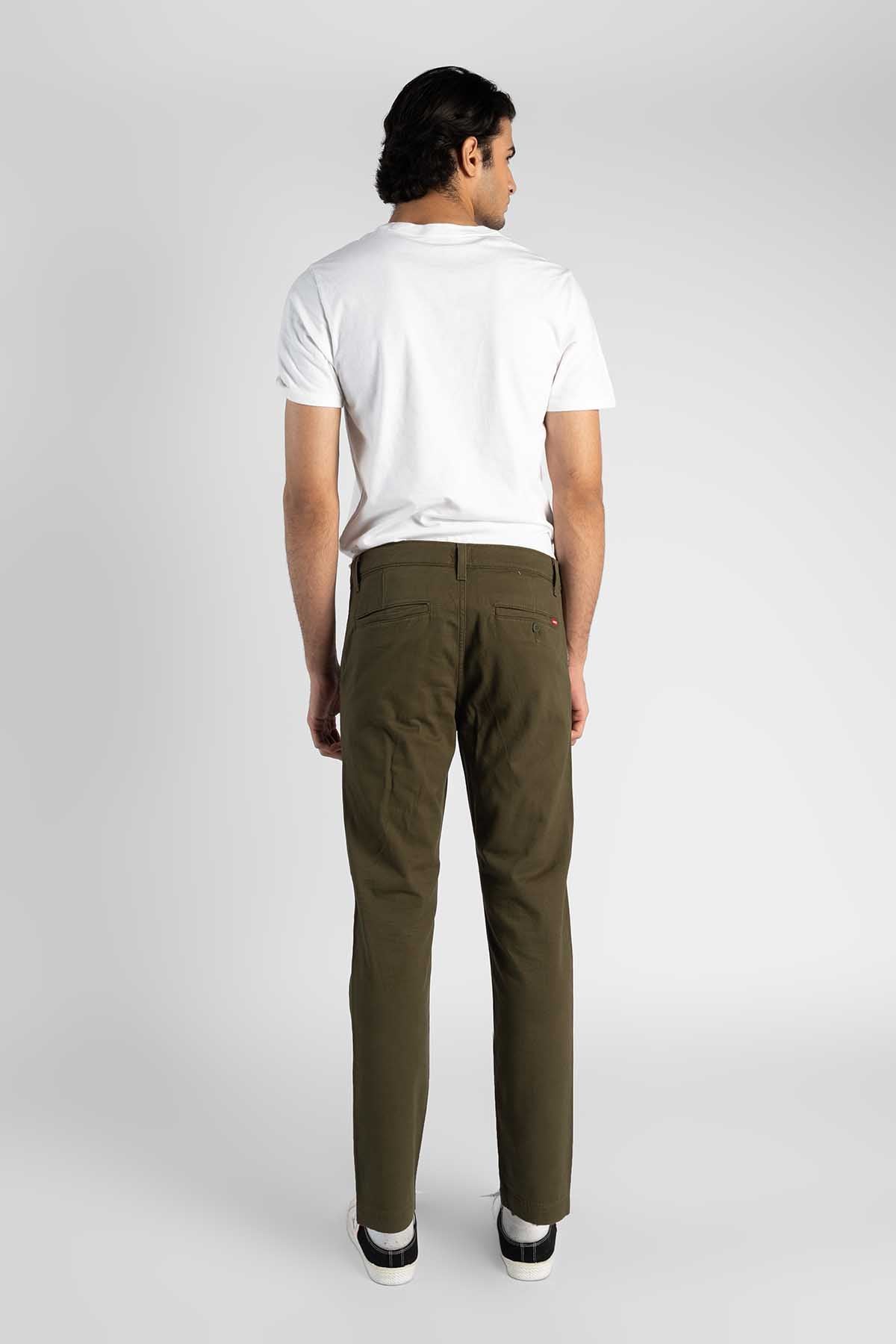Men's olive straight-leg pants, back view, cuffed hem
