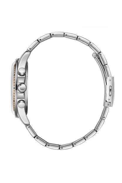 Lee Cooper silver watch case with crown and side buttons, metal bracelet link view