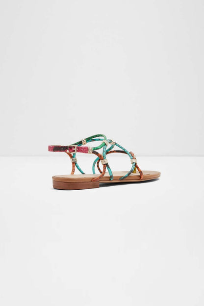 Bright multi-color flat sandals, open toe with crisscross straps