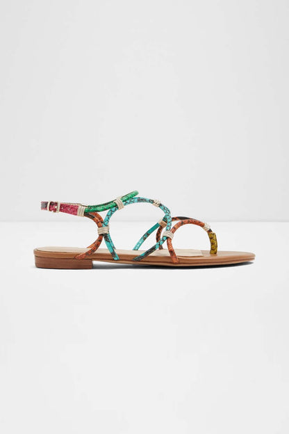 Bright multi-color strappy flat sandals with open toe and ankle-wrap straps