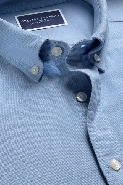 Light blue button-up shirt collar with round buttons and neck label