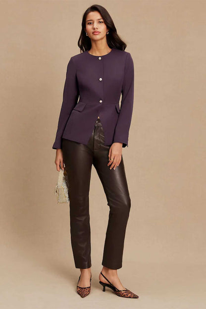 Dark purple women's blazer with gold buttons and long sleeves