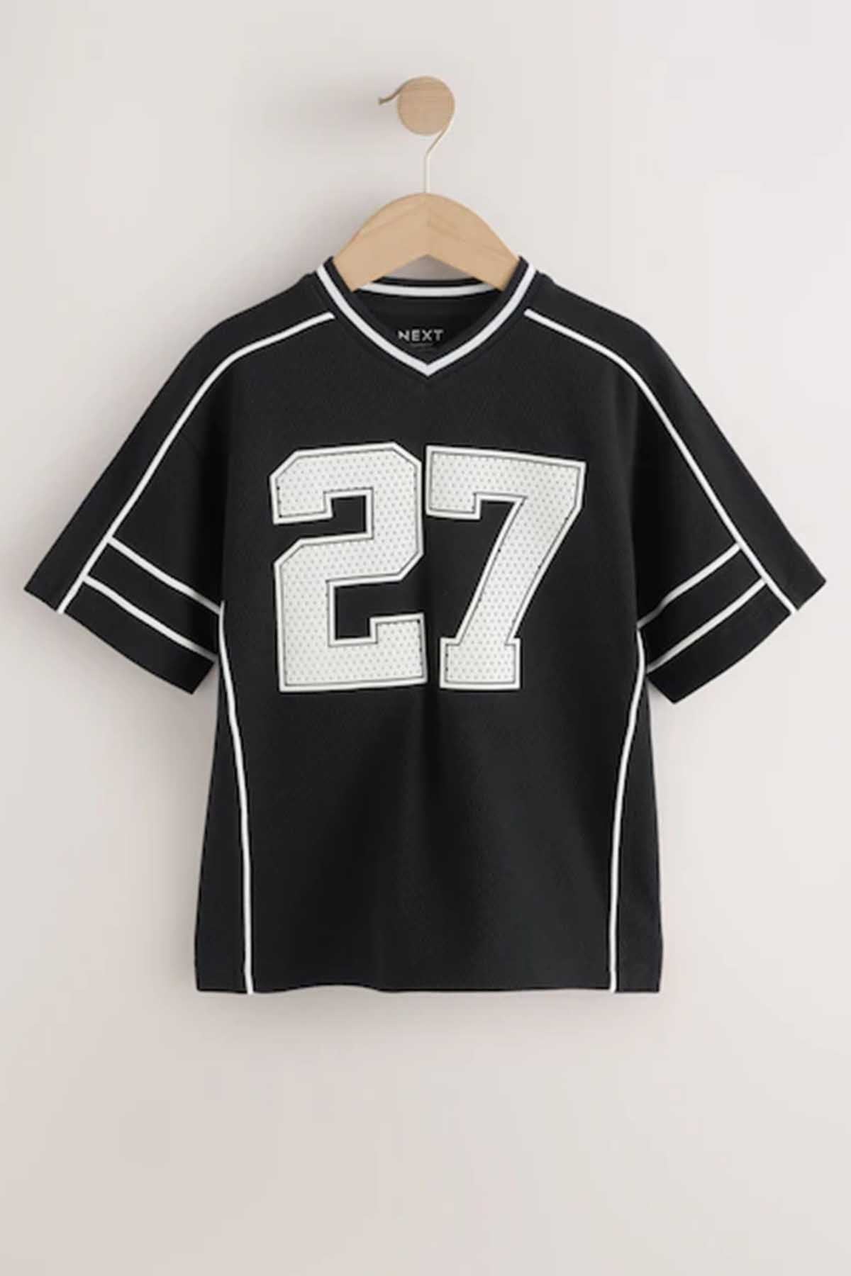 Black kids sports jersey with white 27 number print and V-neck trim