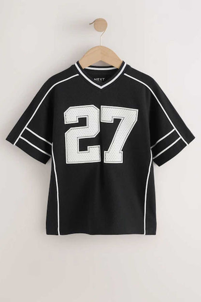 Black kids sports jersey with white 27 number print and V-neck trim