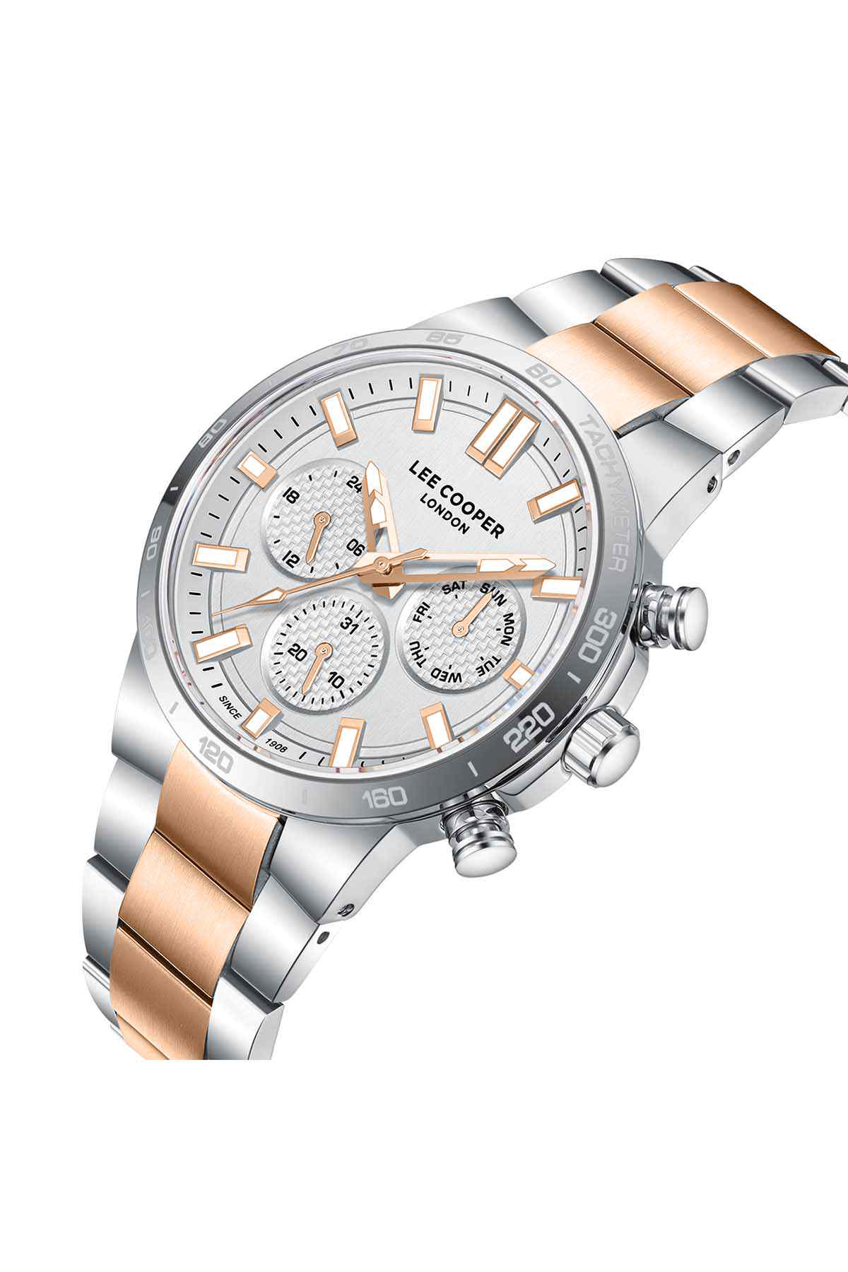 Two-tone wristwatch, silver dial with gold indices, rose-gold bezel and subdials