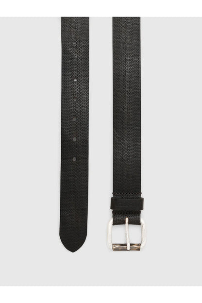 Diesel black belt with rectangular silver buckle and end keeper