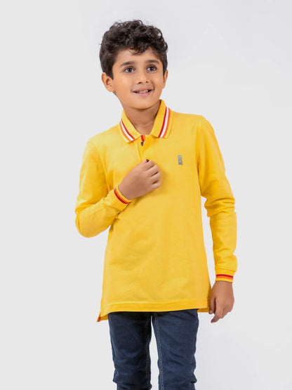 Yellow kids polo shirt with striped collar and button placket