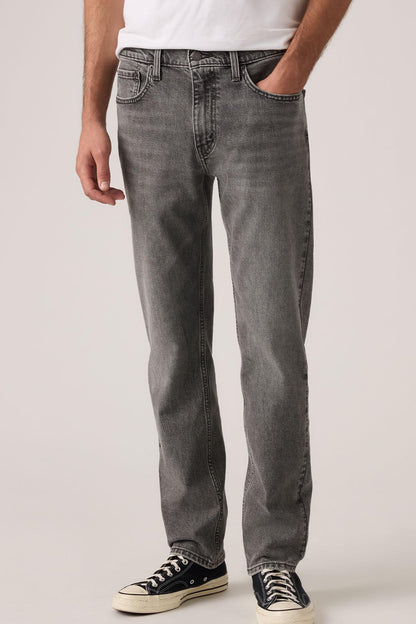 Grey denim jeans, straight fit with front pockets and zip fly