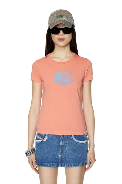 Peach crew-neck T-shirt with blue Diesel logo graphic, short sleeves
