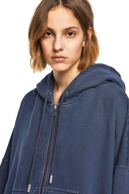 Navy zip-up hoodie with hood drawstrings and front zipper detail