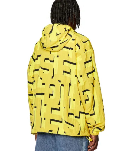 Yellow hooded zip-up hoodie with black abstract print, back view, ribbed cuffs