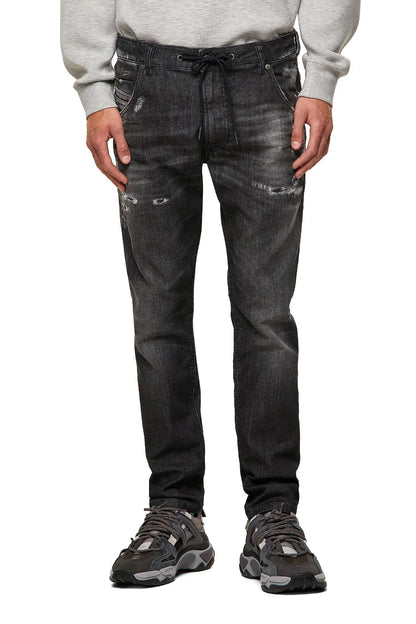 Men's black distressed jeans with drawstring waist and straight legs