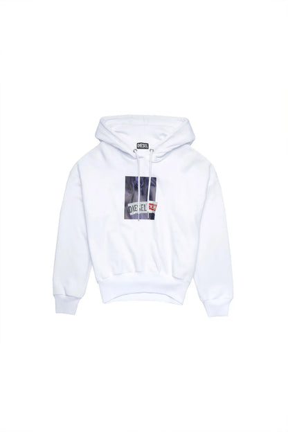 Diesel white pullover hoodie with small chest logo graphic and drawstring hood