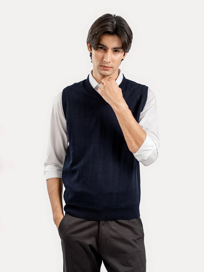 Men's sleeveless dark blue V-neck cotton sweater vest with ribbed hem